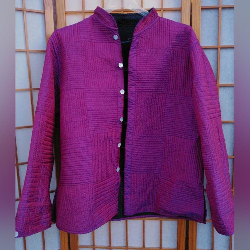 ❤️ Solid Magenta & Black Reversible Quilted Kantha Women's Jacket Size XL NWOT